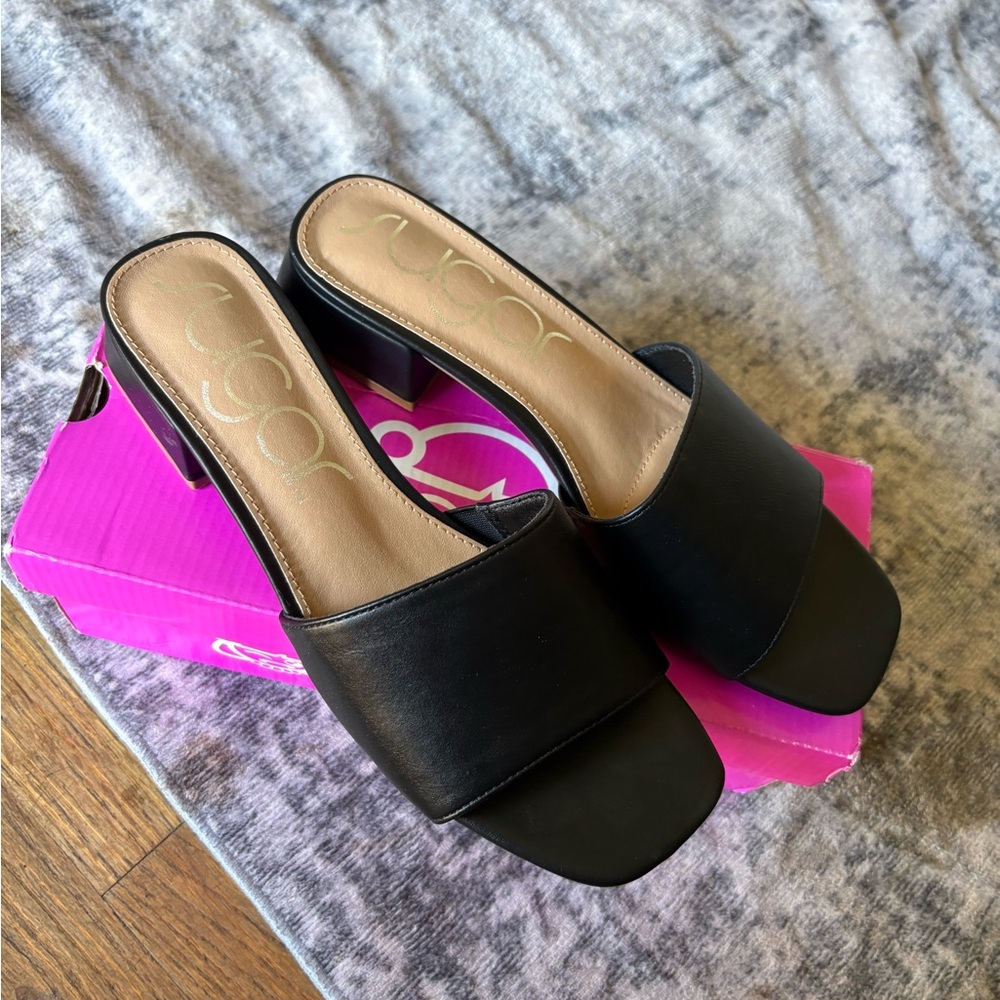 Sugar Uniform 3 Slide Sandals Womens 9 Black  Block Heel Mules Square Toe